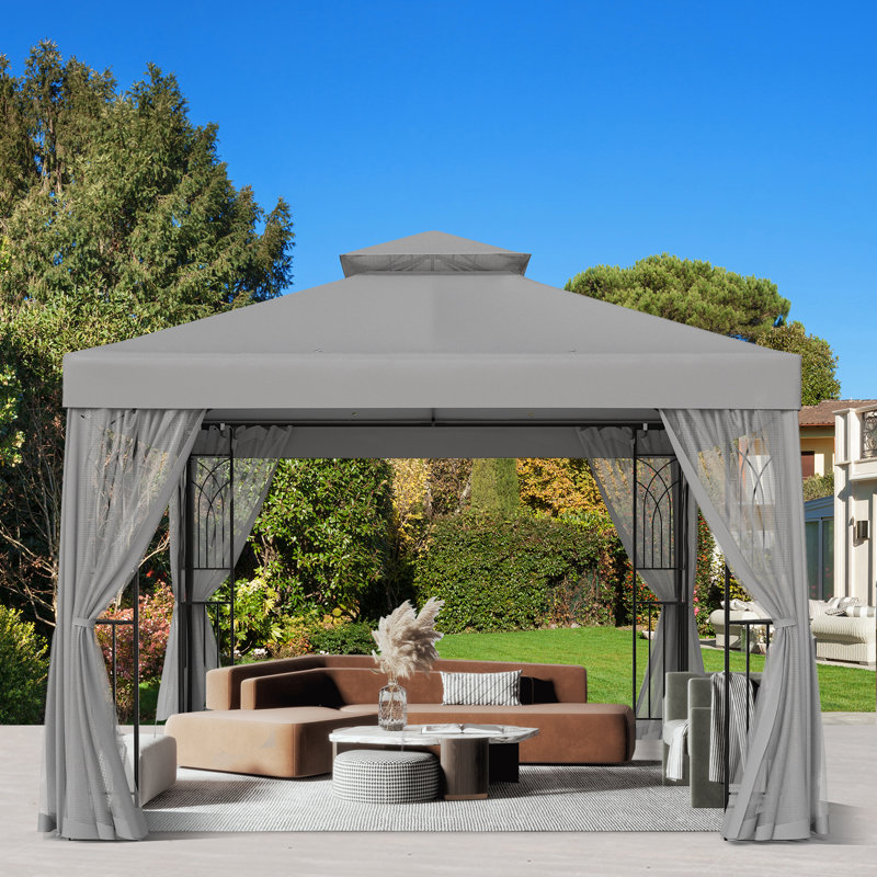 Gray 10x10 Steel Patio Gazebo with Mesh Curtains