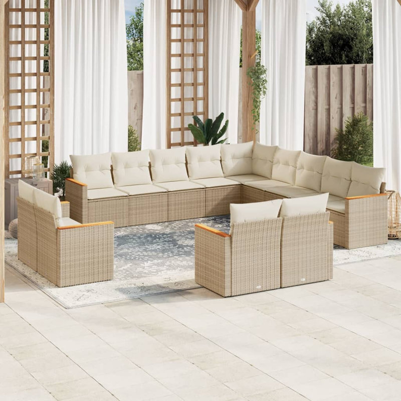  Garden Sofa Set Beige PE Rattan, Powder-Coated Steel, Polyester, Cream White Cushion/Beige Frame