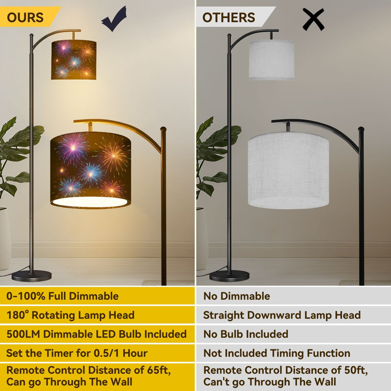 Arc Floor Lamp Colorful Fireworks Display Night Sky Vibrant Blue Purple Orange Colors Floor Lamps with Remote LED Lights Adjustable Lamp Shades Tall Standing Lamps for Reading Office Living Room