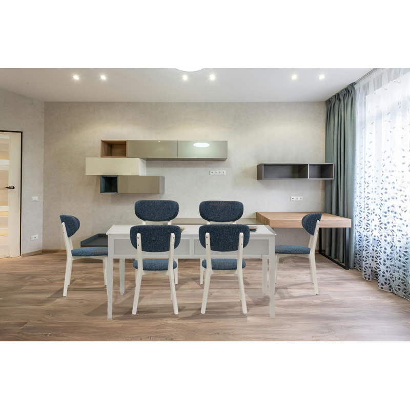 Ensemble de 6 chaises de salle à manger en bois rembourrées de style moderne Mid-Century, Bleu, Blanc