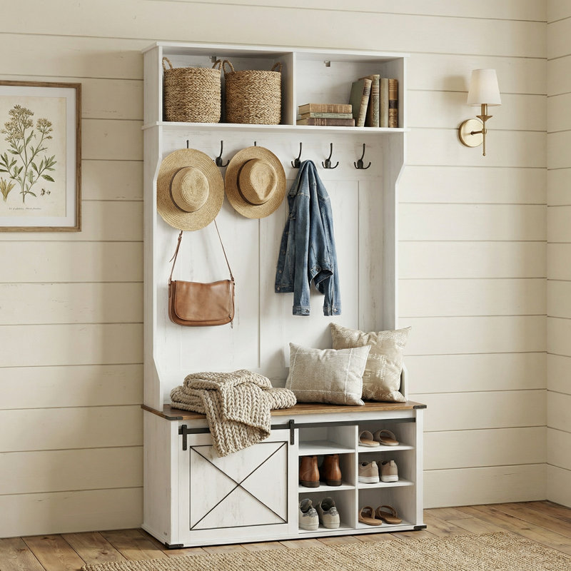 Wigston 42" W Hall Tree with Bench and Shoe Storage, Rustic White/Honey Brown
