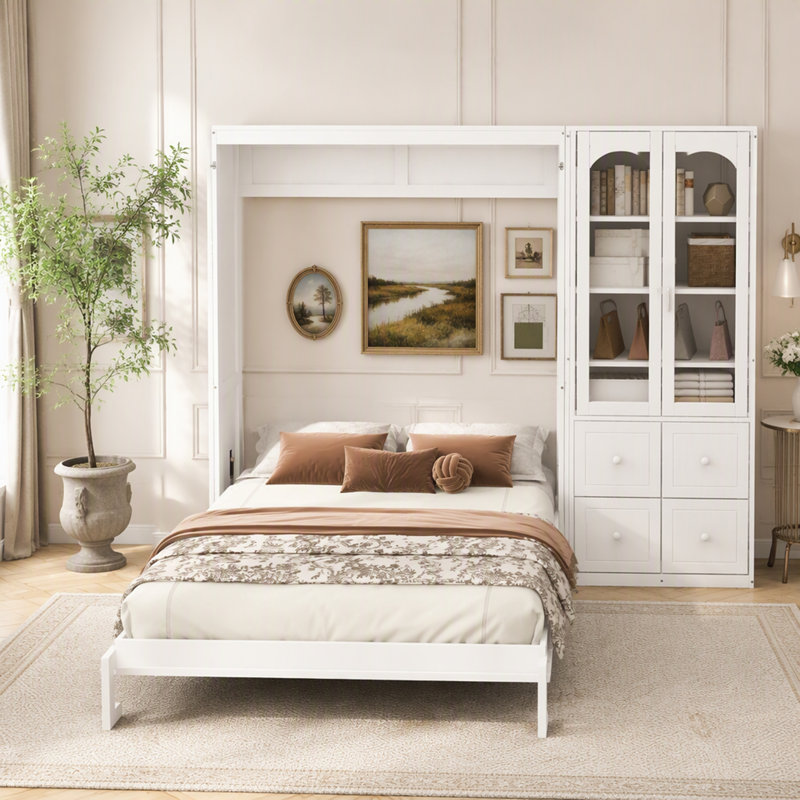 Lit escamotable avec armoire latérale réversible, portes en acrylique, quatre tiroirs et tablettes de rangement multiples pour un rangement optimal et un gain de place.