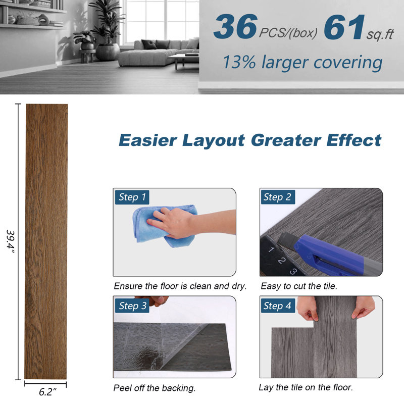 6.2" W x 39.4" L Peel and Stick Wood Look Vinyl Flooring,Self-adhesive Vinyl Flooring, Classic Oak