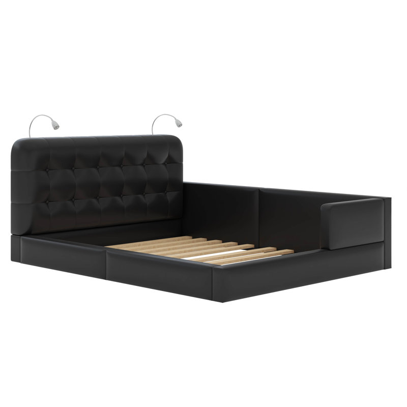 Grand lit plateforme tapissier avec 2 lampes de lecture, Noir