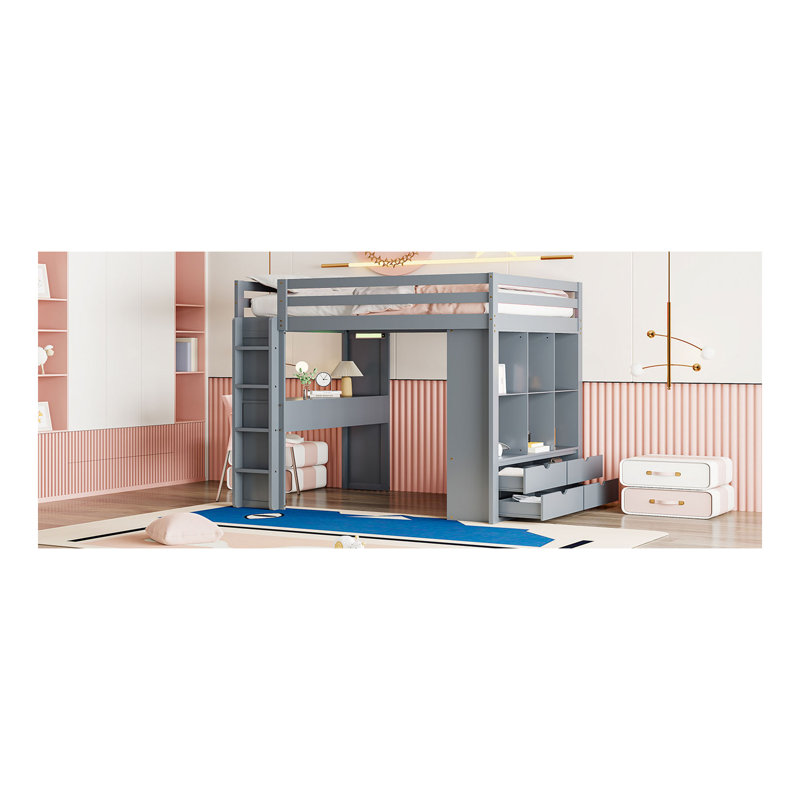 Lit mezzanine double avec grandes tablettes, bureau et lumière DEL, gris, Lit double, Gris