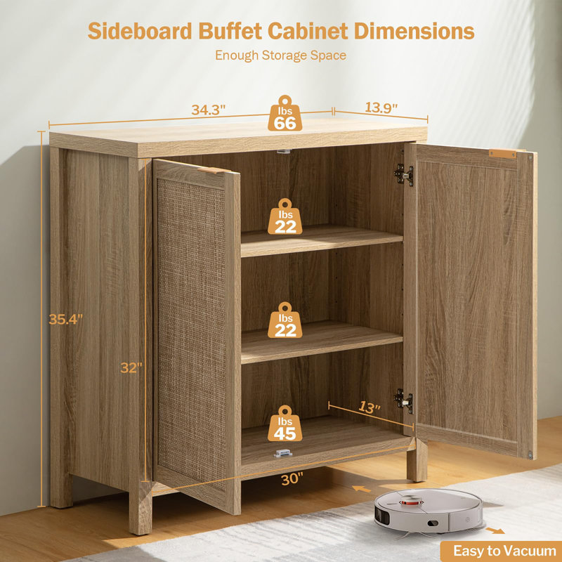 Sideboard Storage Cabinet with Rattan Decorative Door, Reclaimed Light Oak