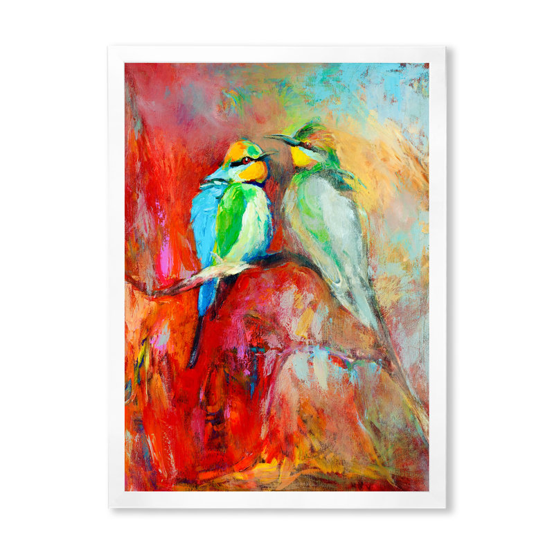 «Blue Tailed Bee Eaters on a Branch», peinture sur toile, H 40 po x l 30 po x 1,5 po, Cadre photo blanc