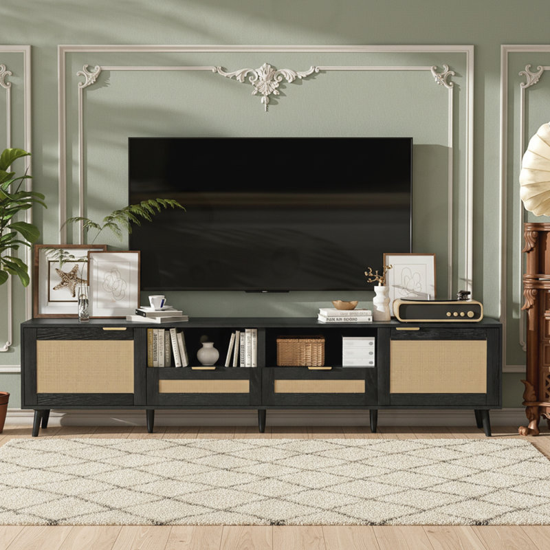 Rattan TV Stand with Solid Wood Legs