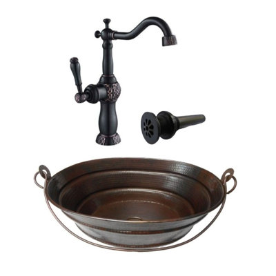 16" Oval Copper Vessel Bathroom Sink Bucket Style Faucet & Drain Included