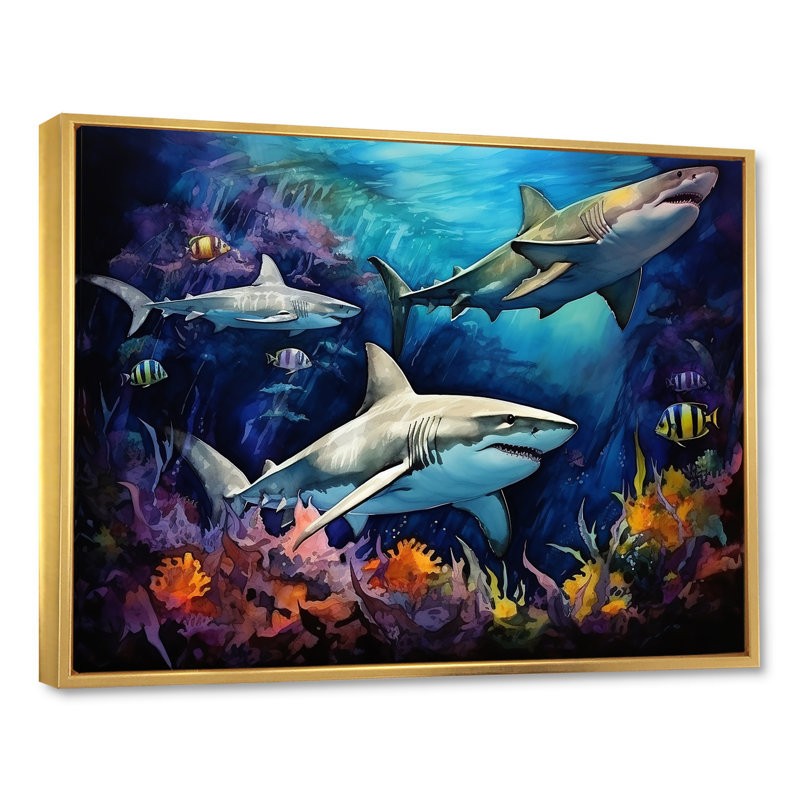 Shark Haven Under Water Painting - Shark Wall Art, 24" H x 32" W x 1" D, Gold Floater Framed