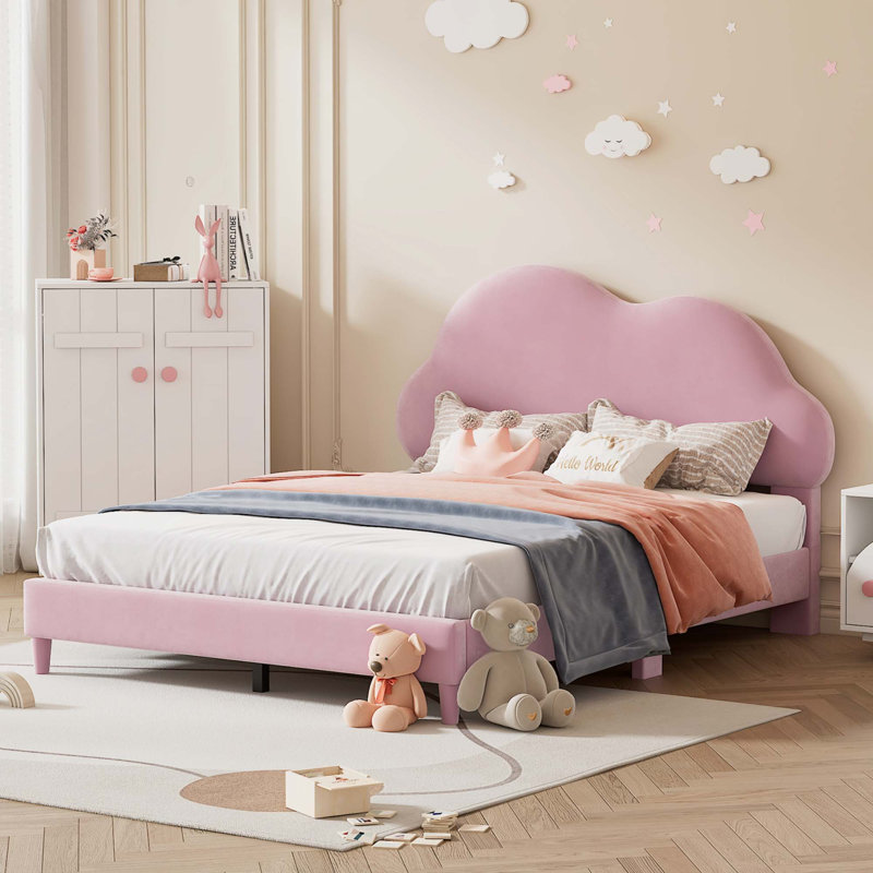 Upholstered Cloud-Shape Bed ,Velvet Platform Bed, Full, Pink