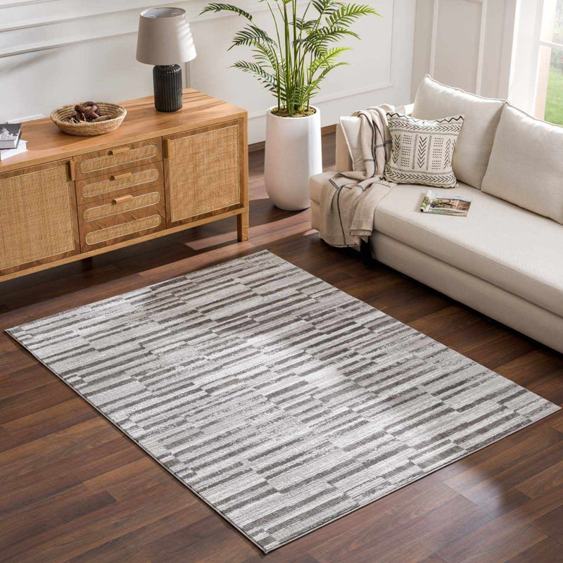 Malkhas Modern Broken Striped Charcoal Area Rug, Rectangle 6'7" x 9'