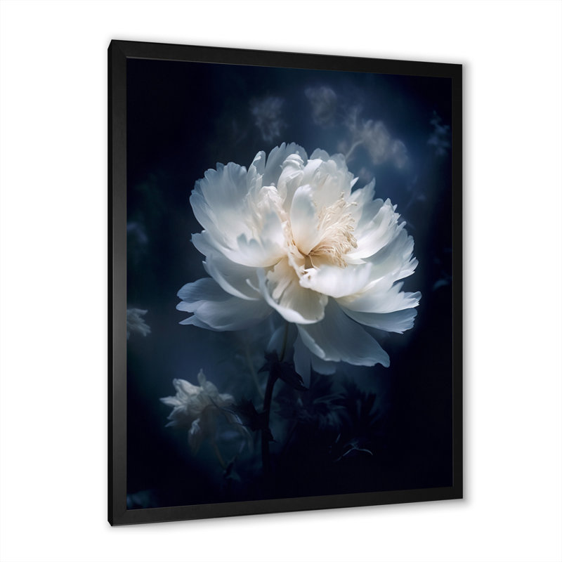 Pivoine blanche blanche sérénité sur toile, H 40 po x l 30 po x P 1,5 po, Cadre simple noir