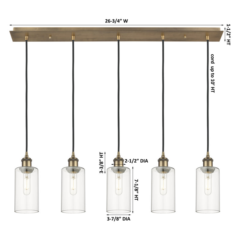 Caius - 5 Light 37" Cord Hung Linear Pendant, Light Smoke, Matte Black