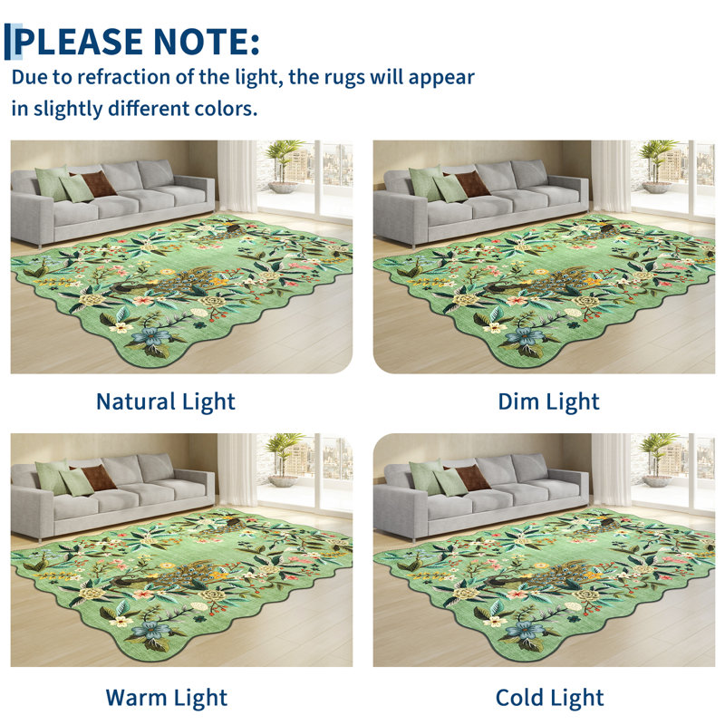 Tapis festonné vert 4 x 6 pour le salon Tapis floral lavable paon pour chambre à coucher Tapis de ferme antidérapant pour chambre d'enfant Tapis de décoration botanique ultra résistant aux taches