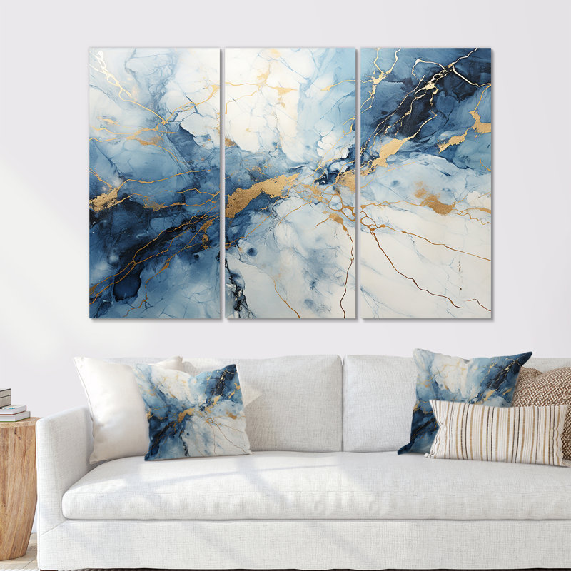 «White and Blue Thunderstorm Marble - Lightning», ensemble d'art sur toile, Toile tendue, H 40 po x l 60 po x P 1 po