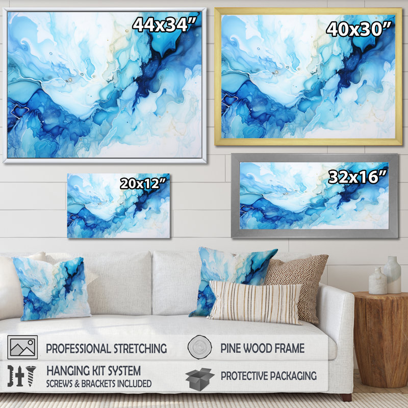 Encre liquide bleu océan et blanc I sur toile, Cadre flottant doré, H 34 po x l 44 po