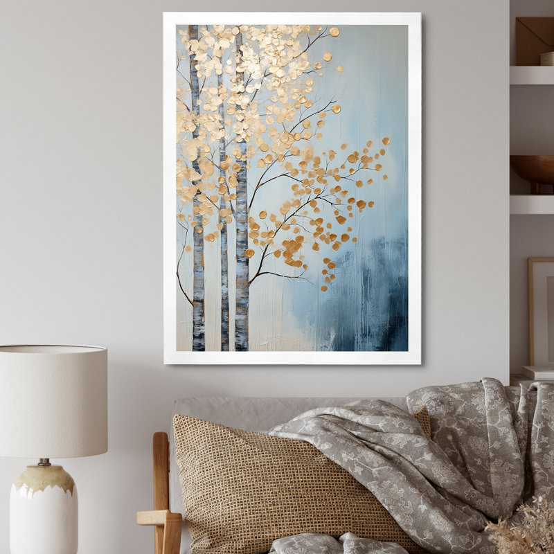 Minimalisme, scène d'arbres dorés et bleus V, reproduction sur toile, H 44 po x l 34 po x P 1,5 po, Cadre simple blanc