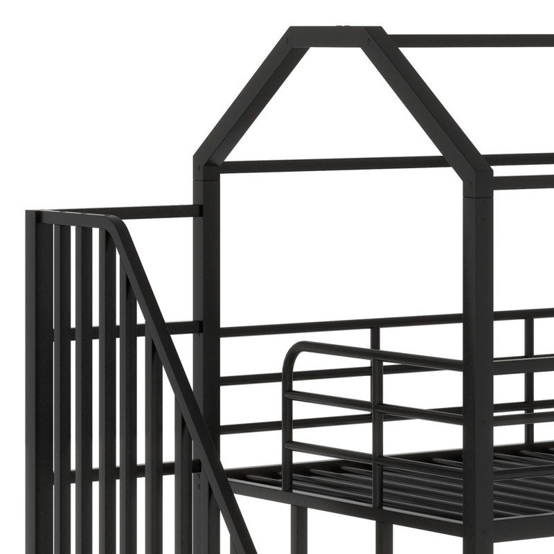 Lit mezzanine en métal avec toit et boîte de rangement, Noir