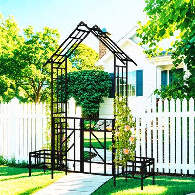 Metal Garden Arch With Gate With Planter W80.71*H97.24 Climbing Plants Support Rose Arch Outdoor