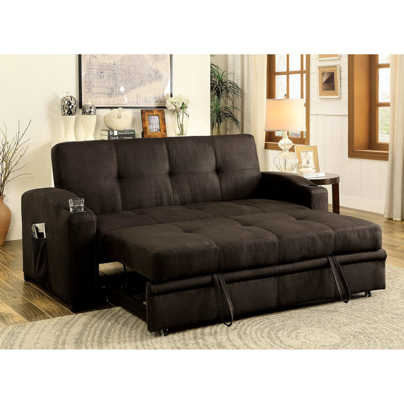 Futon transitionnel avec bouton brun foncé et porte-gobelets intégrés qui devient un lit convertible pour la maison