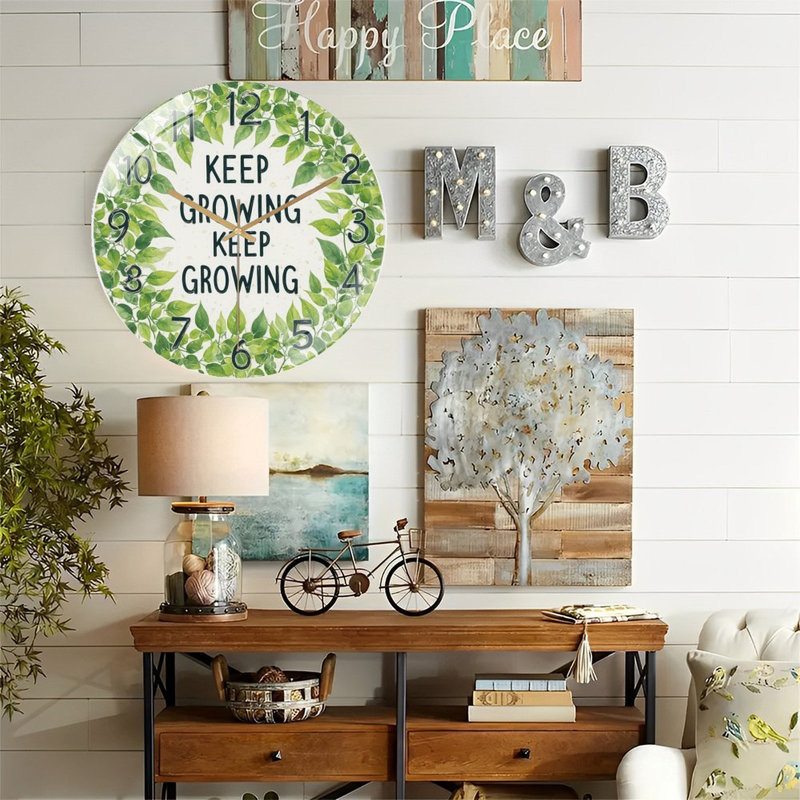 Horloge murale Keep Growing, feuilles vertes, motif décoratif 12 po