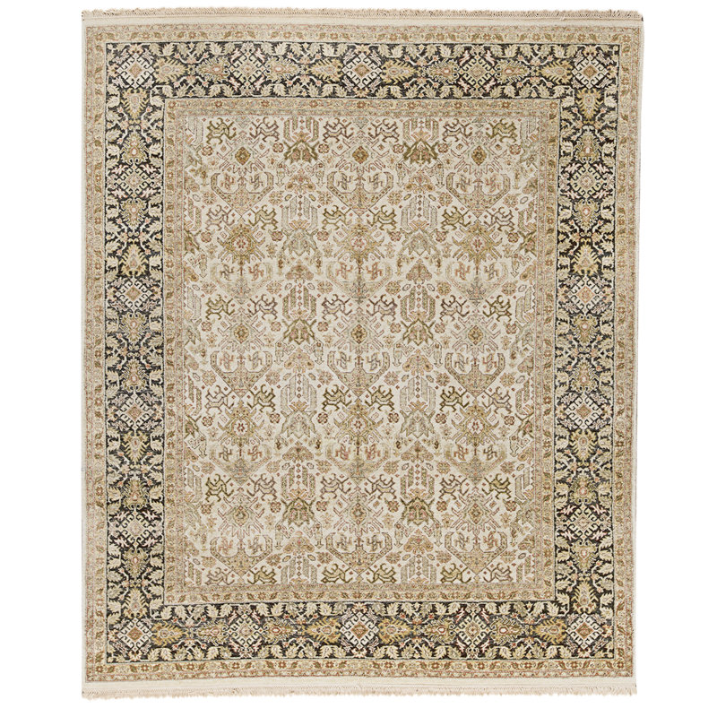 Tapis crème et noir noué à la main de haute qualité