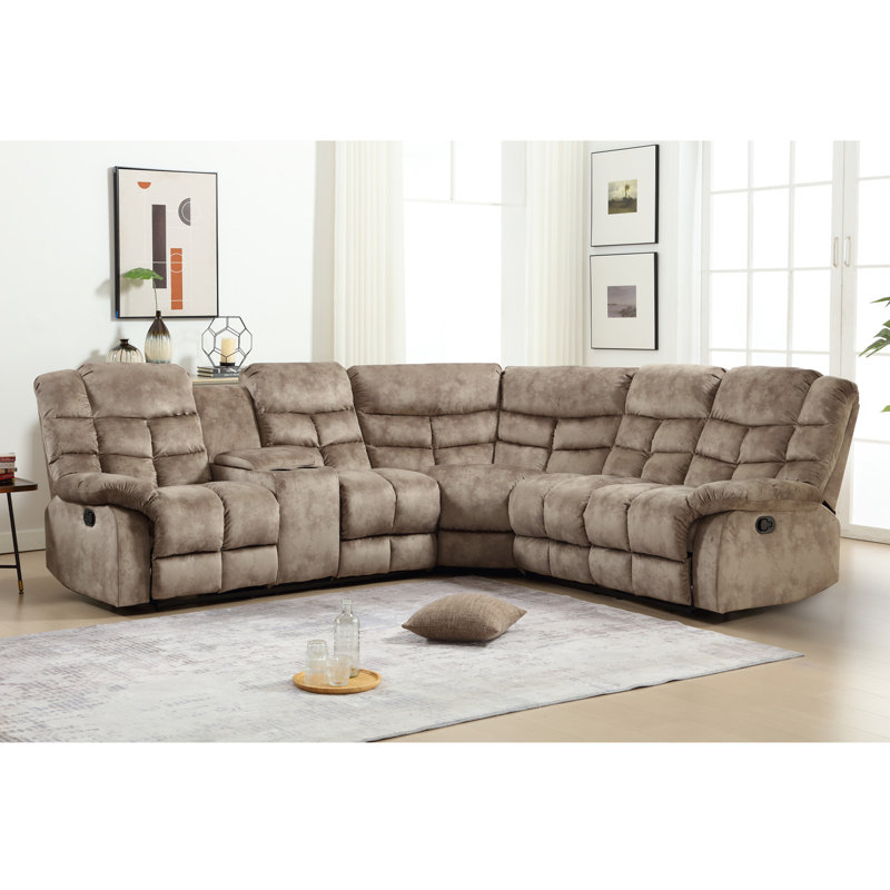 Karish 3-Piece Upholstered Manual Reclining Sectional with Cupholders and Storage , Brown Microfiber / Microsuede