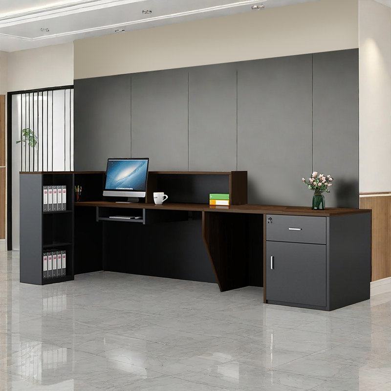 L-Shaped Reception Desk with Lockable Drawers, Computer Desk, and Storage Shelves/Front Desk, 41.33" H x 94.5" W x 39.37" D