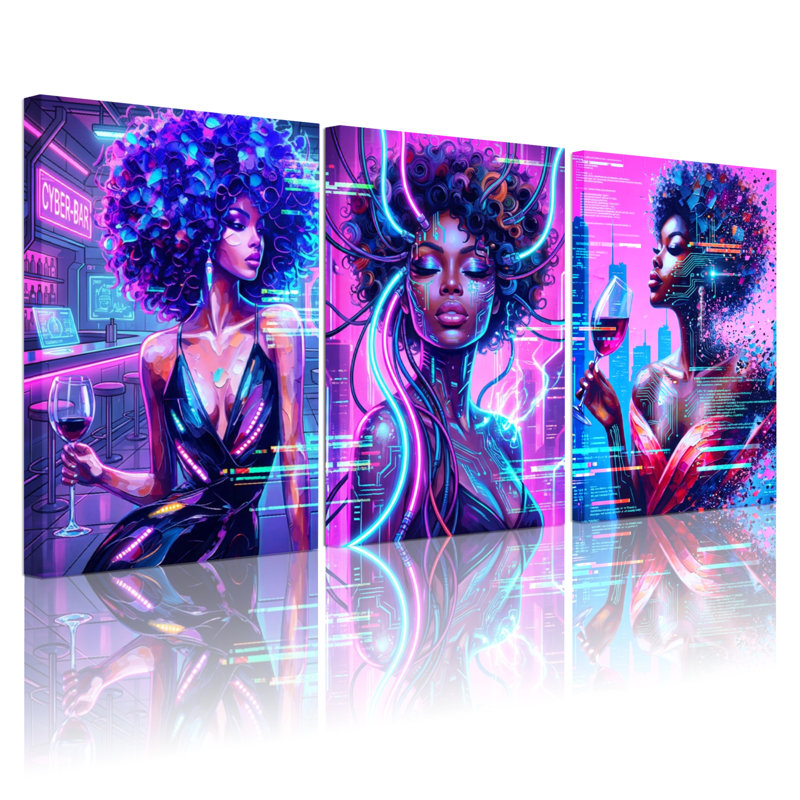 Ensemble de 3 tableaux sur toile néon représentant une femme afro cyberpunk, idéal pour une décoration murale moderne dans un salon, une chambre ou un bureau.