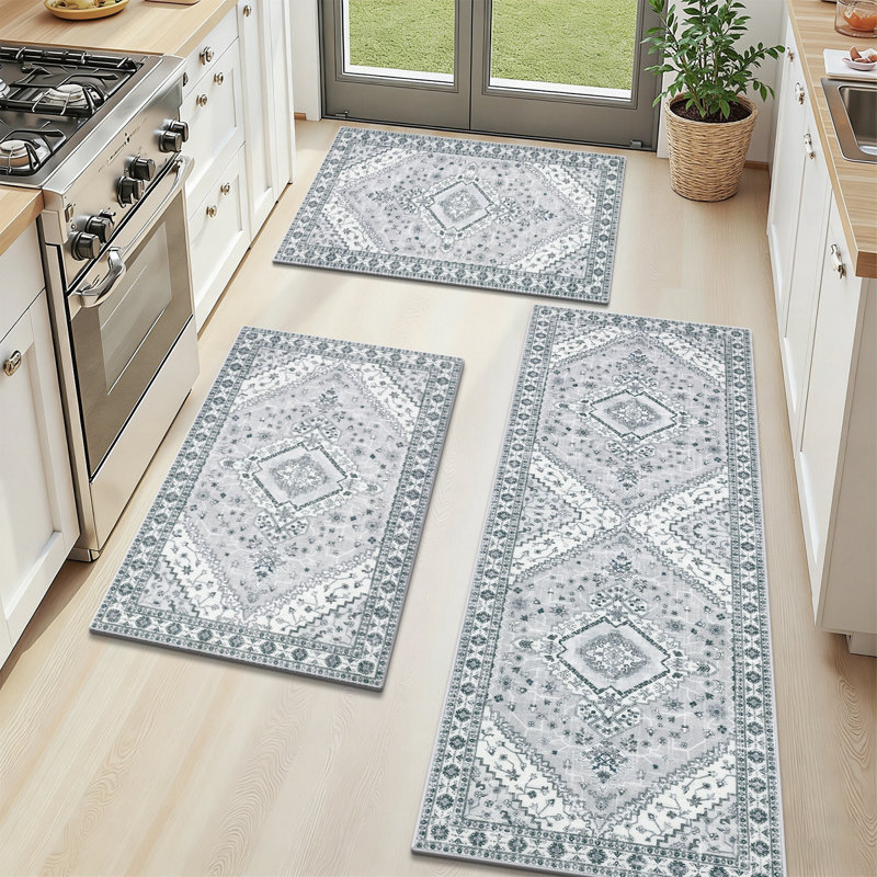 Washable Kitchen Rugs Non Slip Kitchen Mats (Set of 3), Gray