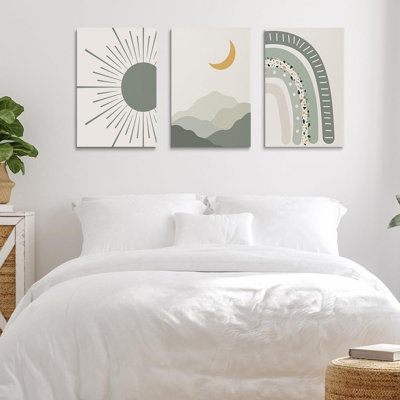 Boho Nursery Print Set Of 3,Sun Rainbow Moon Baby Room Posters,Sage Green Wall Art Celestial Bedroom Kids Room Wall Art Decor, Abstract Art Prints,Mid Century Mountain Art For Home Decor 12"X16"
