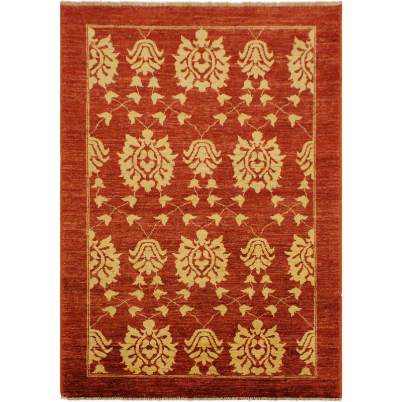 Tapis rouge / doré en laine noué à la main à motif floral de 3 pi 7 po x 6 pi 0 po Bobby