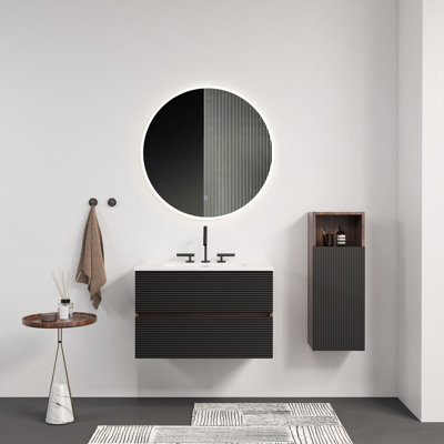Meuble-lavabo mural en noir et noyer doux, lavabo en céramique à trois trous, trop-plein, poignée centrale dissimulée, lavabo et salle de bain flottants en matériaux de qualité E1, tiroir pour la peau, fermeture