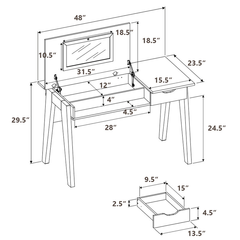 Corrigan Studio Vanity Table With Flip Mirror Writing Computer Desk Storage Drawer Walnut