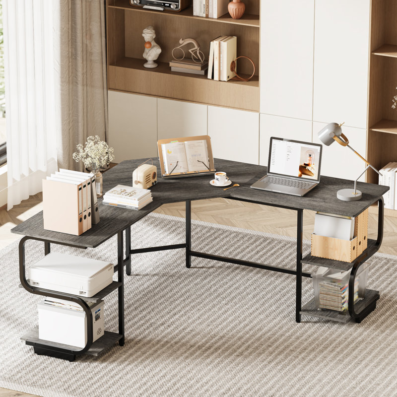 Bureau en L avec tablettes, bureau d'ordinateur en coin réversible, bureau de direction 64,84 po, Grey/Black