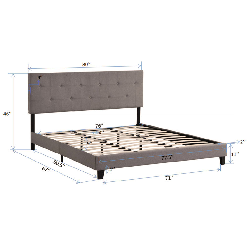 Upholstered Platform Bed with Button Tufted Linen Fabric Headboard, No Box Spring Needed, Wood, King, Heather Gray