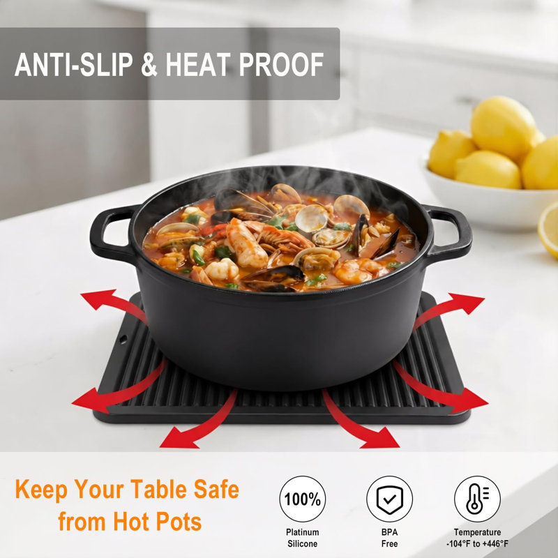 Très grand sous-pied en silicone, coussinets chauffants pour la cuisine - Coussinets chauffants résistants à la chaleur pour comptoir de cuisine à 446 ° F, 2 poignées pour la cuisine, noir