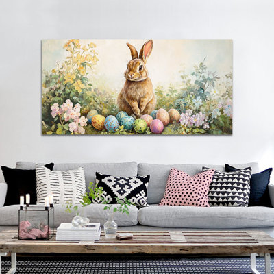 Art mural de lapin de Pâques GUTTATY, décoration murale de photos de lapin de Pâques au printemps, œufs de Pâques et photos de lapin, impressions de Pâques pour le salon, la chambre d'enfant, la chambre de bébé, la chambre de bébé prête à être suspendue 24 po x 48 po