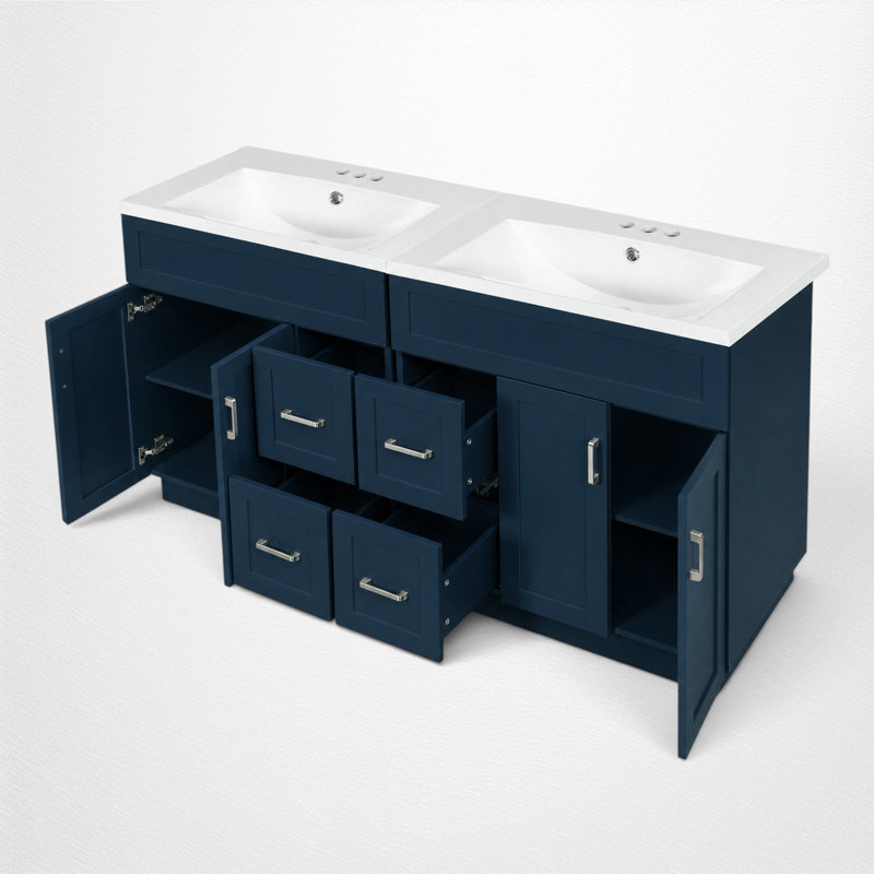Meuble-lavabo double, grand espace de rangement, lavabos doubles en résine, conception à fermeture en douceur, style moderne, salle de bain