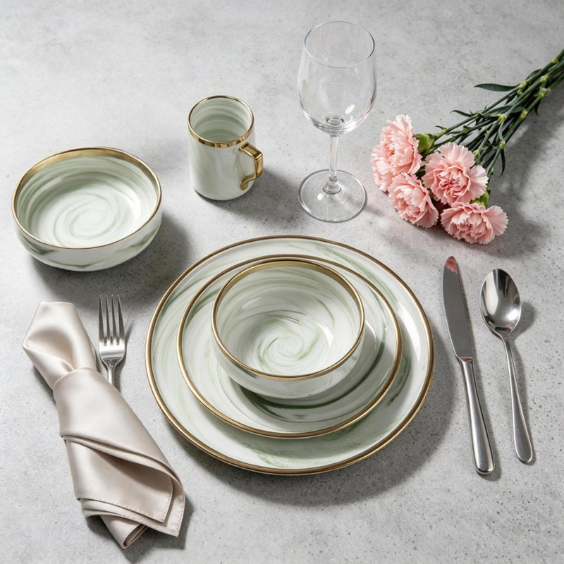 Service de table HomeVSS en porcelaine fine marbrée artisanale avec bordure dorée, 20 pièces pour 4 personnes