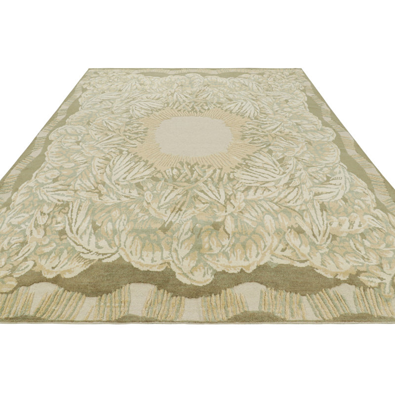 Art Deco Hand Knotted Wool Floral Area Rug, Rectangle 9' x 12'