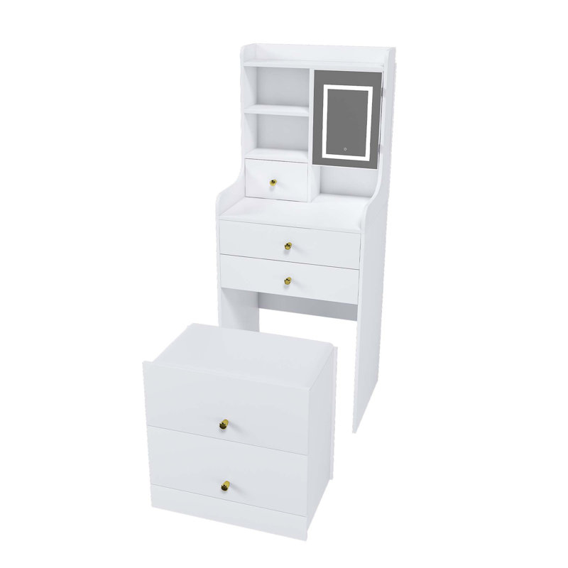 Coiffeuse 3 en 1 avec miroir à DEL, tabouret de rangement et bibliothèque pour l'organisation de la chambre à coucher et une utilisation multifonctionnelle