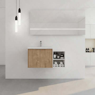 Meuble-lavabo de salle de bain avec portes à fermeture douce et petites tablettes de rangement