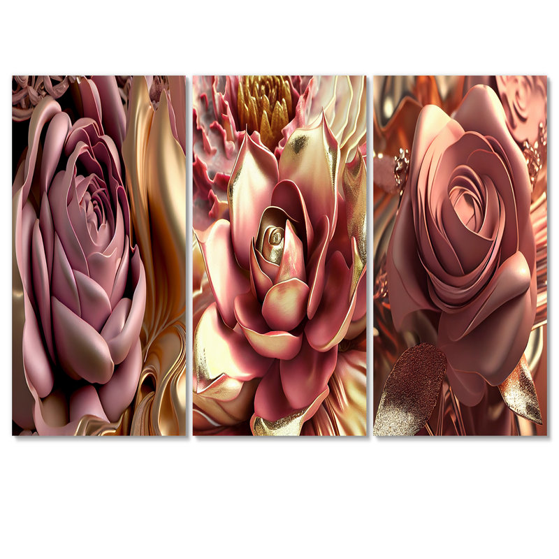 «Pink and Gold Glam Flowers II» sur toile, reproduction de 3 pièces, H 40 po x l 60 po x P 1 po
