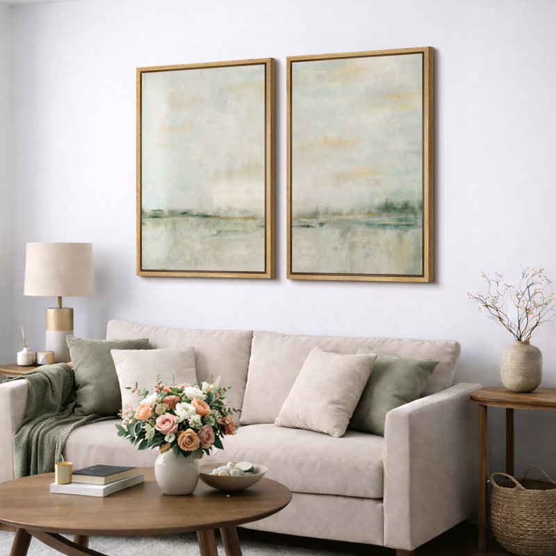 Soft Abstract Landscape Artwork, Calm Pastel Nature Canvas Pictures, Framed Canvas Giclee Print 2 Pieces Wall Art