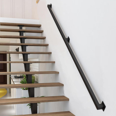 4FT Black Iron Stair Railing Indoor, Wall Mounted Handrail 500Lbs Capacity, Industrial Square Tube Rail For Loft Porch Deck