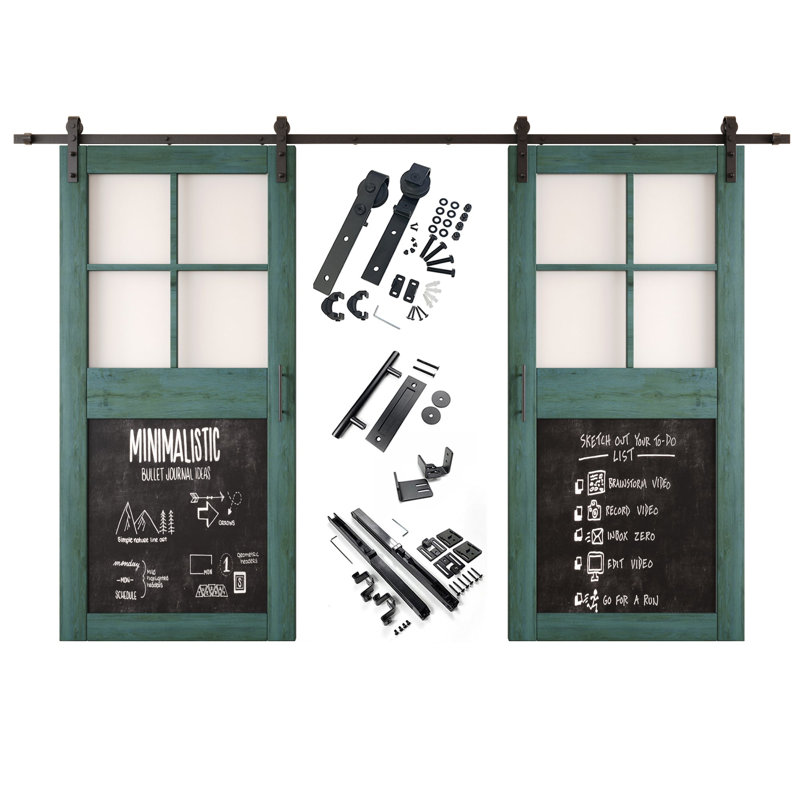 Portes de grange non assemblées et finies de style tableau noir 30 po x 84 po Homquer Royal Pine double avec quincaillerie d'installation sans dérivation, rail de 11 pi, utilisation intérieure seulement