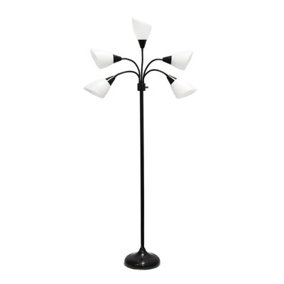 Lampe sur pied Tarbert à 5 lumières, col de cygne orientable, noir, abat-jour blancs, 170 cm de hauteur