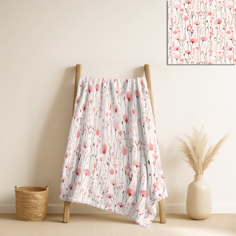 Couverture polaire Cottage Cottage Fields II rose, Motif floral noir